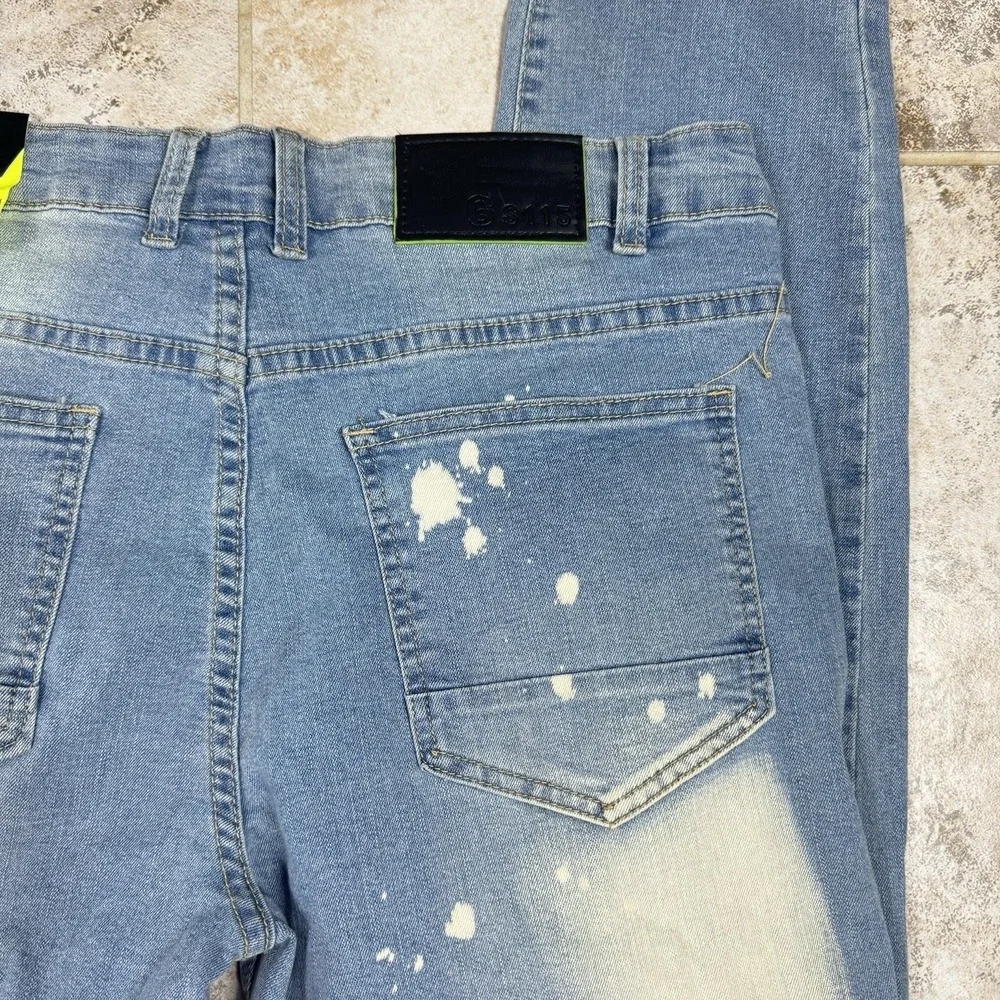 GS115 Denim Jeans Men's 34x31 Blue Factory Distressed 100% Cotton‎ Studded